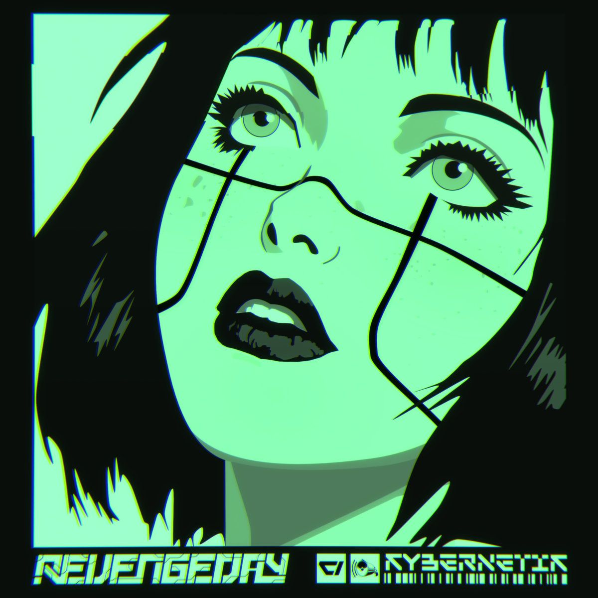 A black and green close-up shot of a woman with dark hair. She gazes upward into the void. The text "Revengeday KYBERNETIK" is written in futuristic font in the lower part, divded by the Cortex Implant and Basspistol logos.