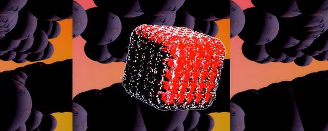 a red 3d cube with rounded corners over a background of spheres interconnected in blobs