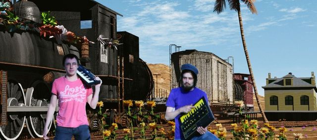dr. tikov and sakrecoer holding synths, pasted on a surreal 3d scene of a steam train in a desert on another planet