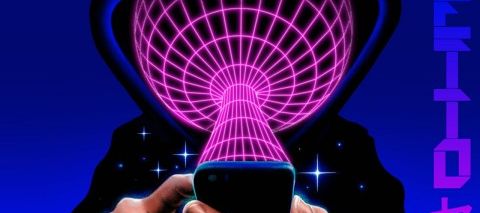 a hooded person looking into their smartphone. A grid comes out of the smartphone englobing their head